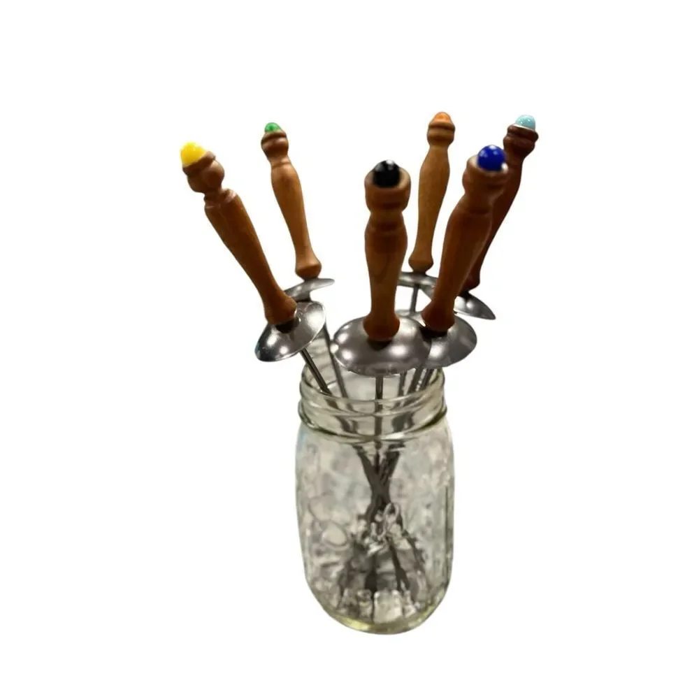 Vintage Mid-Century Cocktail Picks/Fondue– Set of 6 Wooden Handles w/ Color Tips